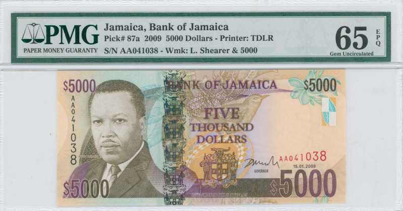 JAMAICA: 5000 Dollars (15.1.2009) in multicolor. Lawson Shearer at left on face....