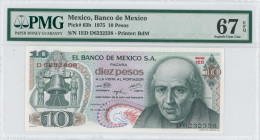 MEXICO: 10 Pesos (15.05.1975) in dark green on multicolor unpt. Bell at left, M Hidalgo y Castilla at right on face. S/N: "1ED D6232338". Printed by B...