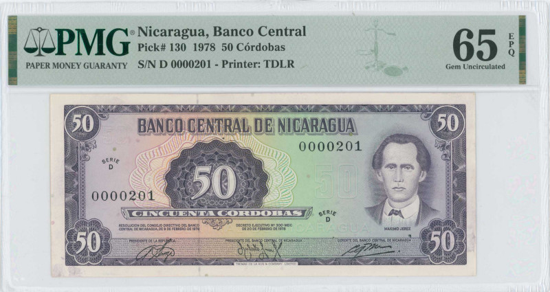 NICARAGUA: 50 Cordobas (Law 1978) in purple on multicolor unpt. M Jerez at right...