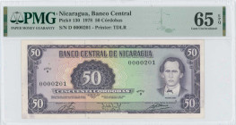 NICARAGUA: 50 Cordobas (Law 1978) in purple on multicolor unpt. M Jerez at right on face. Low S/N: "D 0000201". Printed by TDLR. Inside holder by PMG ...