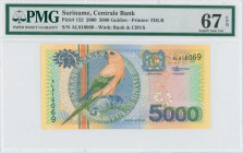 SURINAME: 5000 Gulden (1.1.2000) in green, yellow, blue and orange on multicolor unpt. Sun Parakeet at center-left on face. S/N: "AL 816069". WMK: Ban...