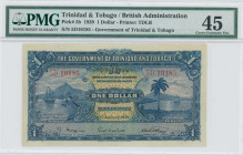 TRINIDAD & TOBAGO: 1 Dollar (2.1.1939) in dark blue on multicolor unpt. Sailing ship in harbor at left and palm tree with sailing ship in background a...