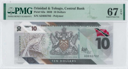 TRINIDAD & TOBAGO: Lot of 2 banknotes of 10 Dollars (2020) in gray. Coat of arms at center on face. S/Ns: "AD 692702" & "AD 692706". Inside holders by...
