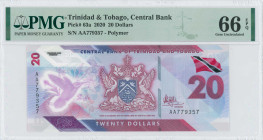 TRINIDAD & TOBAGO: 20 Dollars (2020) in purple and blue. Coat of arms with flag on face. S/N: "AA 779357". Inside holder by PMG "Gem Uncirculated 66 E...