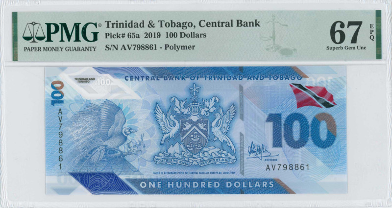 TRINIDAD & TOBAGO: 100 Dollars (2019) in blue. Coat of arms at center and Great ...