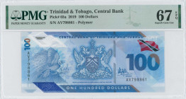 TRINIDAD & TOBAGO: 100 Dollars (2019) in blue. Coat of arms at center and Great Bird of Paradise at left on face. S/N: "AV 798861". Inside holder by P...