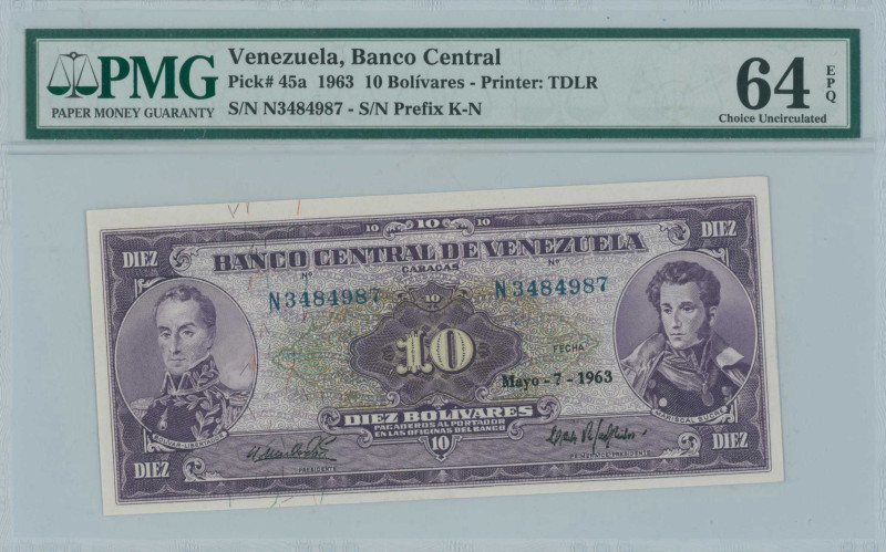 VENEZUELA: 10 Bolivares (7.5.1963) in purple on multicolor unpt. Portrait of Ant...