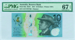 AUSTRALIA: 10 Dollars (2017) in blue, brown and multicolor. AB "Banjo" Paterson at right center and horseman at right on face. S/N: "CJ171797786". Pri...