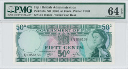 FIJI: 50 Cents (ND 1969) in blue-green on multicolor unpt. Queen Elizabeth II at right and arms at upper center on face. S/N: "A/1 056136". WMK: Fijia...