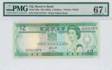 FIJI: 2 Dollars (ND 1995) in green on multicolor unpt. Queen Elizabeth II at right and arms at upper center on face. S/N: "D/23 217373". WMK: Fijian h...