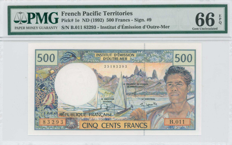 FRENCH PACIFIC TERRITORIES: 500 Francs (ND 1992) in multicolor. Sailboat at cent...