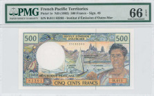 FRENCH PACIFIC TERRITORIES: 500 Francs (ND 1992) in multicolor. Sailboat at center and fisherman at right on face. S/N: "B.011 83293". WMK: "RF" and M...