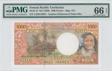 FRENCH PACIFIC TERRITORIES: 1000 Francs (ND 1996) in multicolor. Hut in palm trees at left and girl at right on face. S/N: "Z.049 83857". WMK: "RF" an...