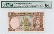 NEW ZEALAND: 10 Shillings (ND 1960-67) in brown on multicolor unpt. Portrait of Captain James Cook at right on face. S/N: "9A 094696". WMK: King Tawhi...