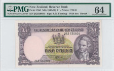 NEW ZEALAND: 1 Pound (ND 1960-67) in purple on multicolor unpt. Portrait of Captain James Cook at lower right on face. S/N: "262330801". WMK: King Taw...
