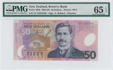NEW ZEALAND: 50 Dollars (2005) in purple and multicolor. Sir Apirana Ngata at center on face. S/N: "CC 12287839". WMK: Queen Elizabeth II. Signature b...