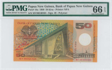 PAPUA NEW GUINEA: 50 Kina (1999) in black and red on orange, yellow and multicolor unpt. National Parliament building at center on face. S/N: "MV 9934...