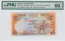 SAMOA: 20 Tala (ND 2002) in brown and orange-brown on multicolor unpt. Fisherman with net at right and national flag at left center on face. S/N: "A 6...