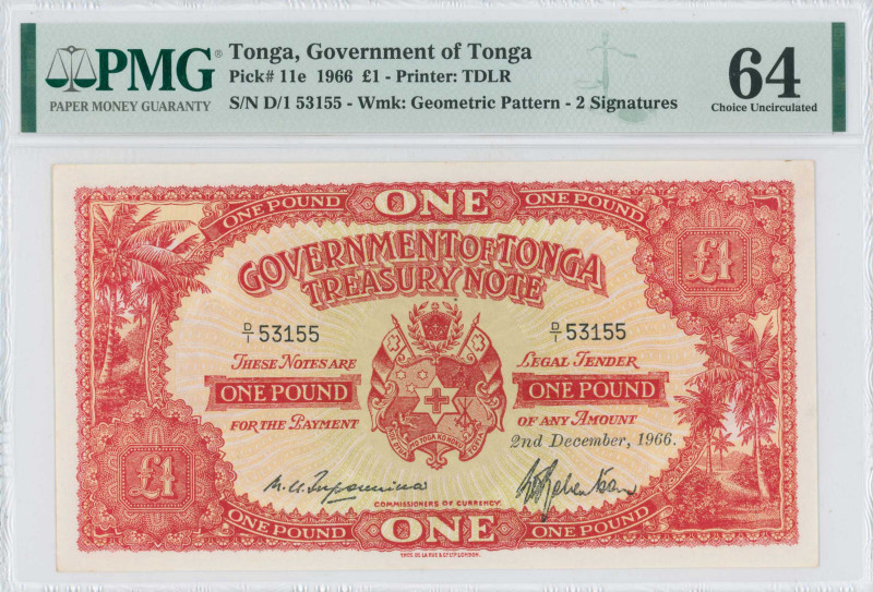 TONGA: 1 Pound (2.12.1966) in red on multicolor unpt. Coat of arms at center on ...