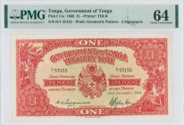TONGA: 1 Pound (2.12.1966) in red on multicolor unpt. Coat of arms at center on face. S/N: "D/1 53155". WMK: Geometric pattern. Printed by TDLR. Insid...