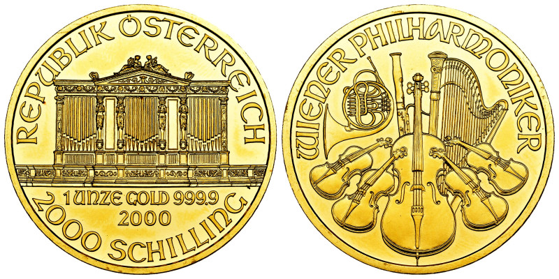 Austria. 2000 schilling. 2000. (Km-2990). Au. 31,11 g. (999,9). Vienna Philharmo...