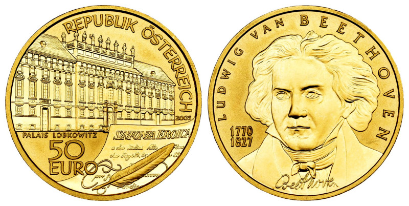 Austria. 50 euro. 2005. (Km-3118). Au. 10,15 g. Grandes compositores: Ludwig Van...