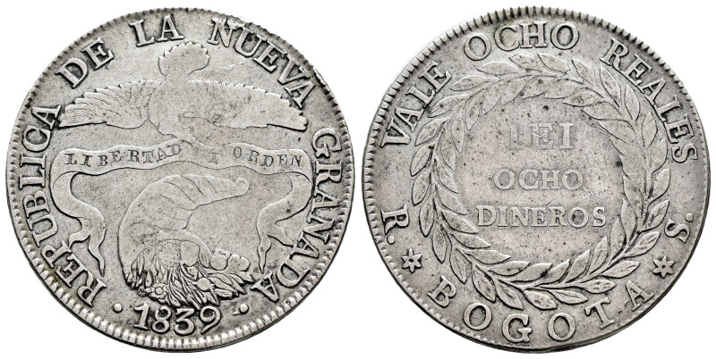 Colombia. 8 reales. 1839. Bogotá. RS. (Km-98). (Restrepo-194-1). Ag. 21,91 g. Sc...