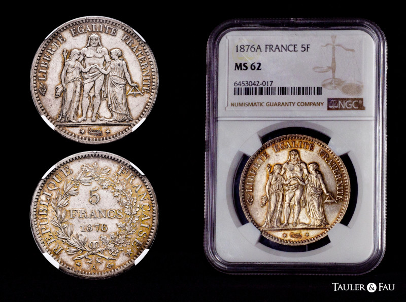 France. 5 francs. 1876. Paris. A. (Km-820.1). (Gad-745a). Ag. 0ms Slabbed by NGC...