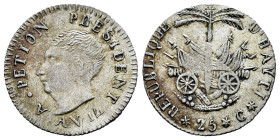 Haiti. 25 céntimos. AN 14 (1817). (Km-15.2). Ag. 2,19 g. Very scarce. Almost XF. Est...90,00. 

Spanish Description: Haití. 25 céntimos. AN 14 (1817...