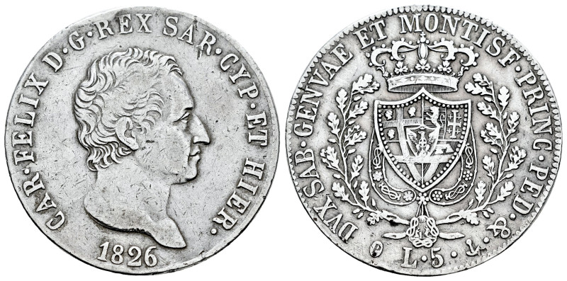 Italy. Sardinia. Carlo Felice. 5 lire. 1826. P / anchor. (Km-C#105.2). (Pagani-7...