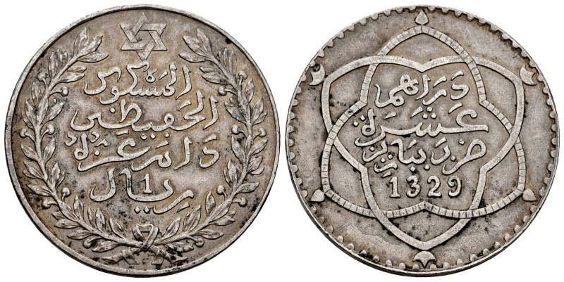 Morocco. Abd Al-Hafiz. 1 rial (10 dinars). 1329 H (1911). Paris. (Km-Y#25). Ag. ...