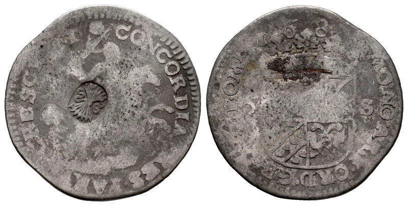 Low Countries. 6 stuivers. Ag. 4,28 g. Spanish countermark with yoke and seven a...