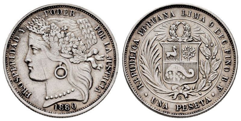 Peru. 1 peseta. 1880. Lima. BF. Ag. 4,99 g. With dot after B. Scratch on obverse...