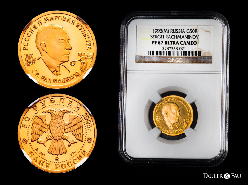 Russia. 50 roubles. 1993 (M). "Sergei Rachmaninov". (Km-Y453). Au. 8,63 g. Slabb...