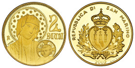 San Marino. 2 Scudi. 2002. (Km-457). Au. 6,43 g. PROOF. Est...300,00. 

Spanish Description: San Marino. 2 Scudi. 2002. (Km-457). Au. 6,43 g. PROOF....