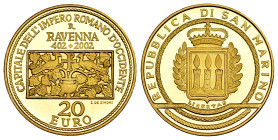 San Marino. 20 euros. 2002. (Km-460). Au. 6,45 g. 1600th Anniversary of Ravenna. PROOF. Est...300,00. 

Spanish Description: San Marino. 20 euros. 2...
