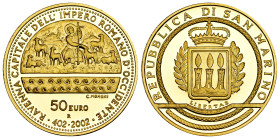 San Marino. 50 euro. 2002. (Km-461). Au. 16,12 g. PROOF. Est...750,00. 

Spanish Description: San Marino. 50 euros. 2002. (Km-461). Au. 16,12 g. PRO...