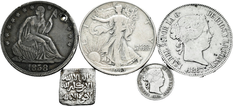 Lot of 5 world silver coins; 1 Almohad dirham, 1 real 1860 Barcelona, 1 escudo 1...