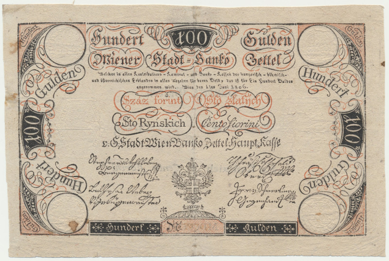 Austria, 100 Gulden 1806 - RARE &nbsp; 
 Dużej rzadkości, wysoki nominał emisji...