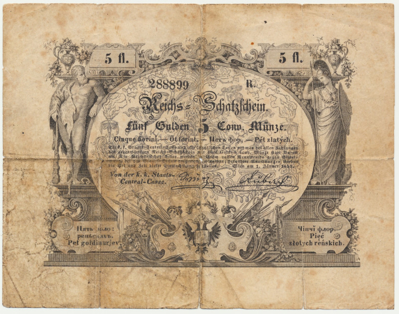 Austria, 5 Gulden 1851 &nbsp; Bardzo rzadki banknot z terenów Galicji, zamieszka...