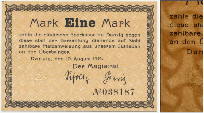 Danzig, 1 Mark 1914 - watermark 'spades' - without Ungültig - RARE Rare variety ...