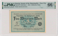 Danzig, 5 bilion Mark 1923 - watermark 'squares' - PMG 66 EPQ 2-ga nota