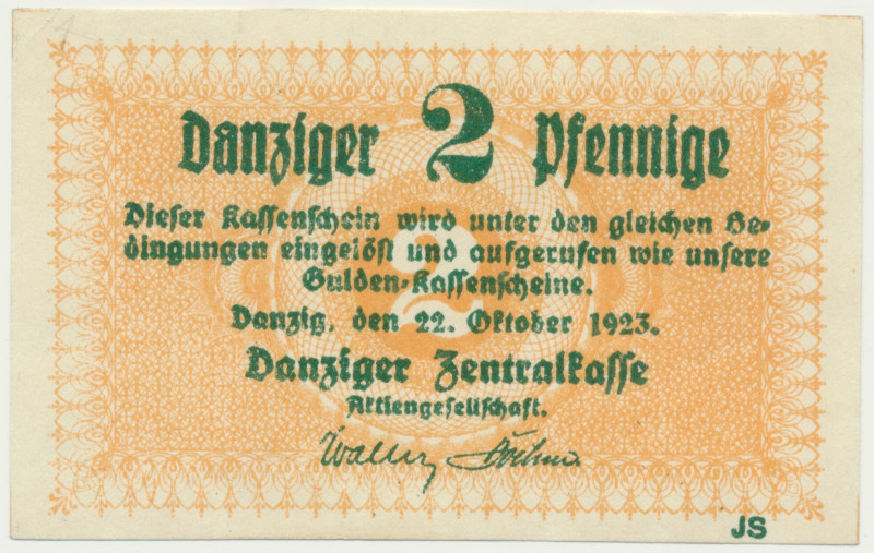 Danzig, 2 Pfennig 1923 - October - 
 &nbsp; Rzadki, niepozorny nominał. Wyśmien...