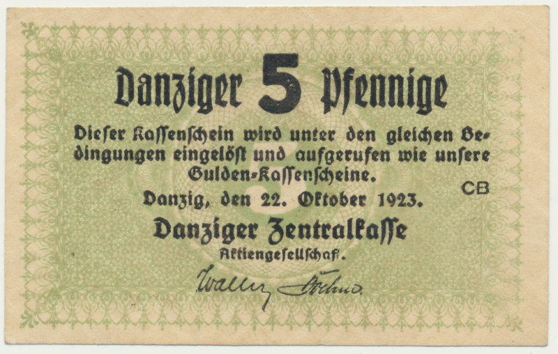 Danzig, 5 Pfennige 1923 - October - watermark 'ZIGZAG' - &nbsp; Odmiana z pierws...