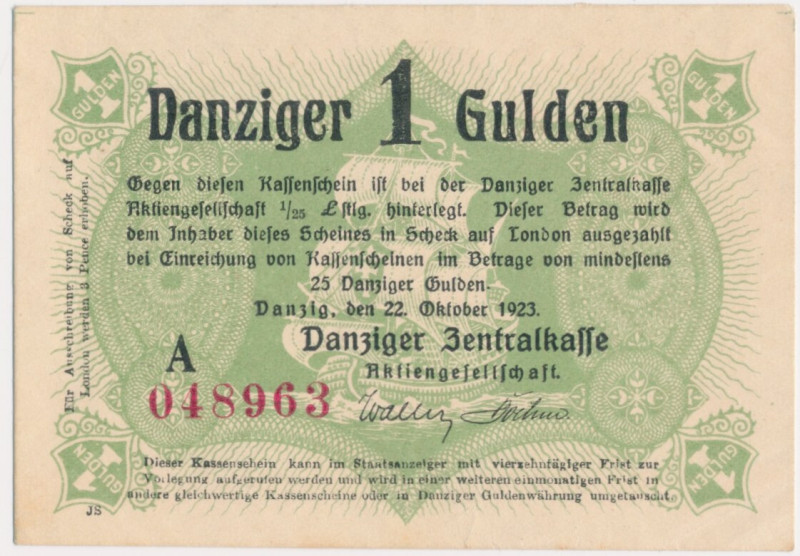 Danzig, 1 Gulden 1923 - October - 
 &nbsp; Rzadki banknot, szczególnie w kolekc...