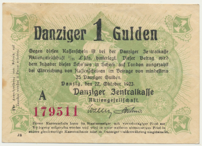 Danzig, 1 Gulden 1923 - October - 
 &nbsp; Rzadki banknot, szczególnie w kolekc...