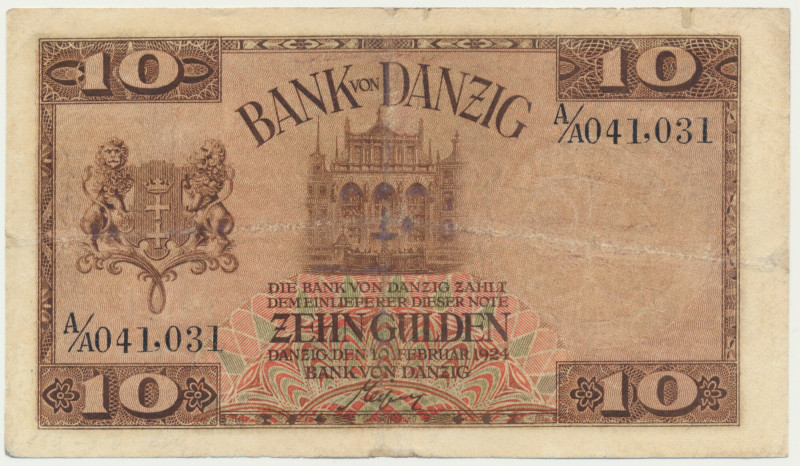 Danzig, 10 Gulden 1924 - A/A - &nbsp; Rzadki nominał emisji guldenowej. Odmiana ...