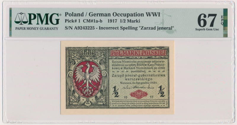 1/2 marki 1916 - Jenerał - A - PMG 67 EPQ &nbsp; Wyśmienity egzemplarz z wysoką ...