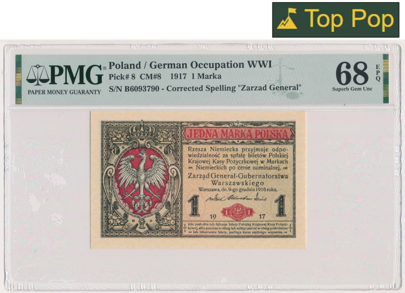 1 marka 1916 - Generał - B - PMG 68 EPQ - WYŚMIENITY &nbsp; Banknot w slabie PMG...