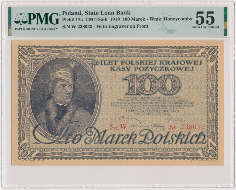 100 marek 1919 - Ser.W - PMG 55 &nbsp; Druk na papierze ze znakiem wodnym w plas...